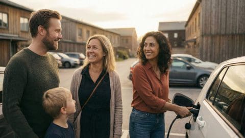 Grannar samtalar om laddstolpar för brf vid en laddbox i en BRF eller samfällighet
