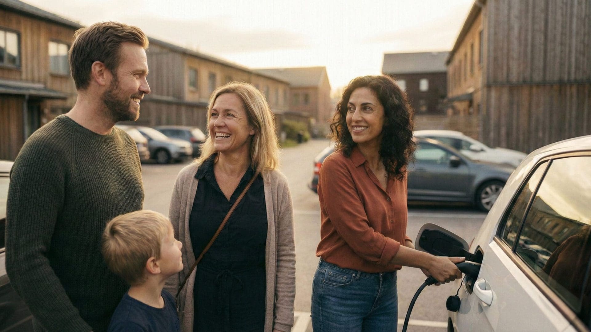 Grannar samtalar om laddstolpar för brf vid en laddbox i en BRF eller samfällighet
